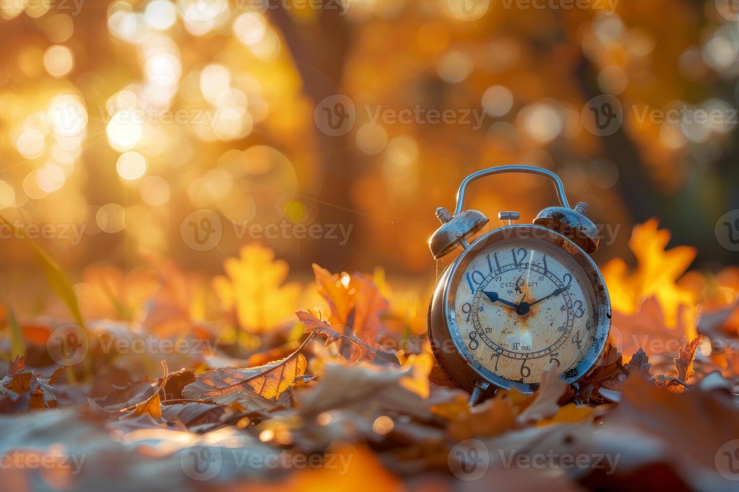 Autumn time concept with vintage clock in leaves photo