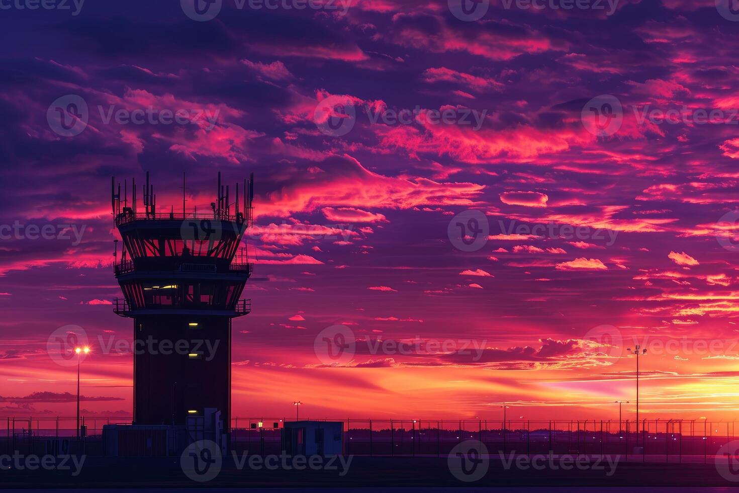 Majestic sunset at airport control tower photo