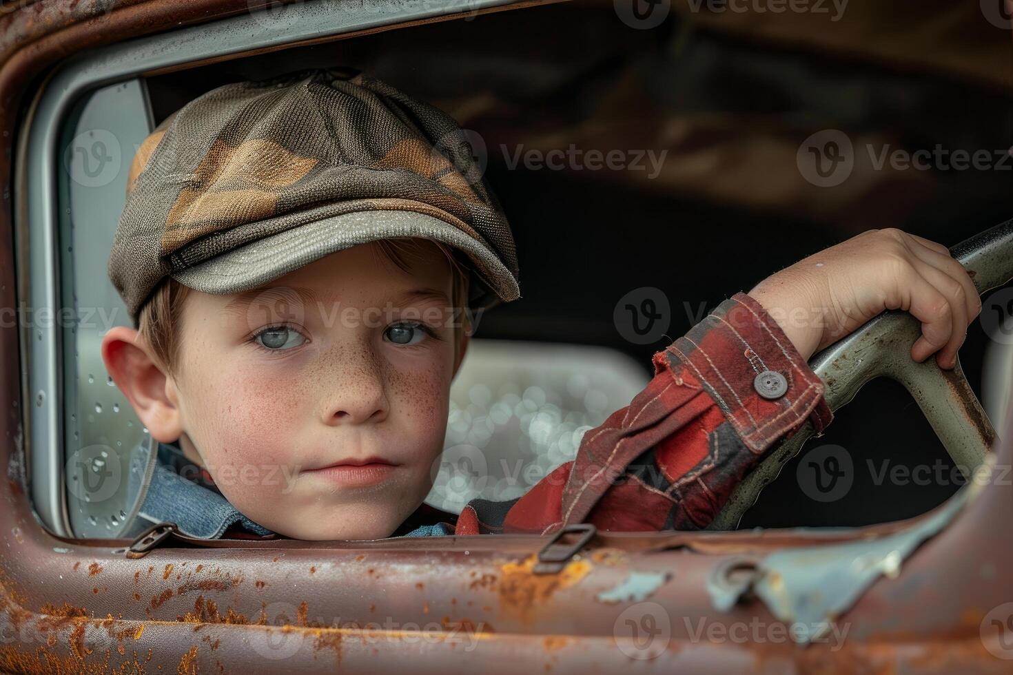 Little boy in vintage truck photo