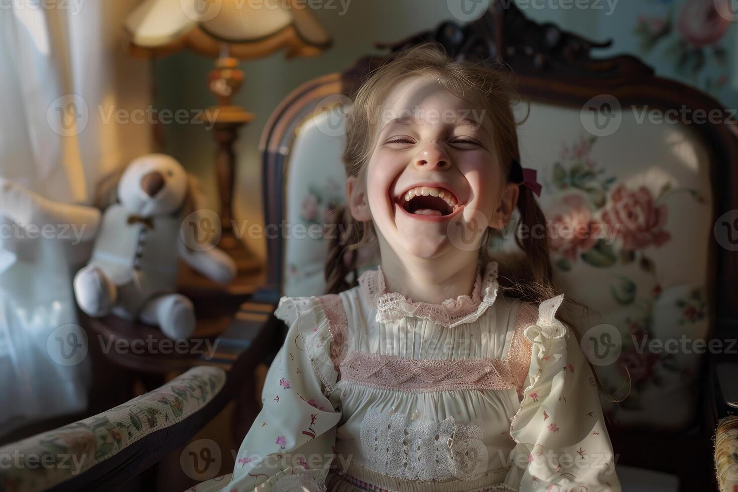 Joyful child laughing in vintage room photo