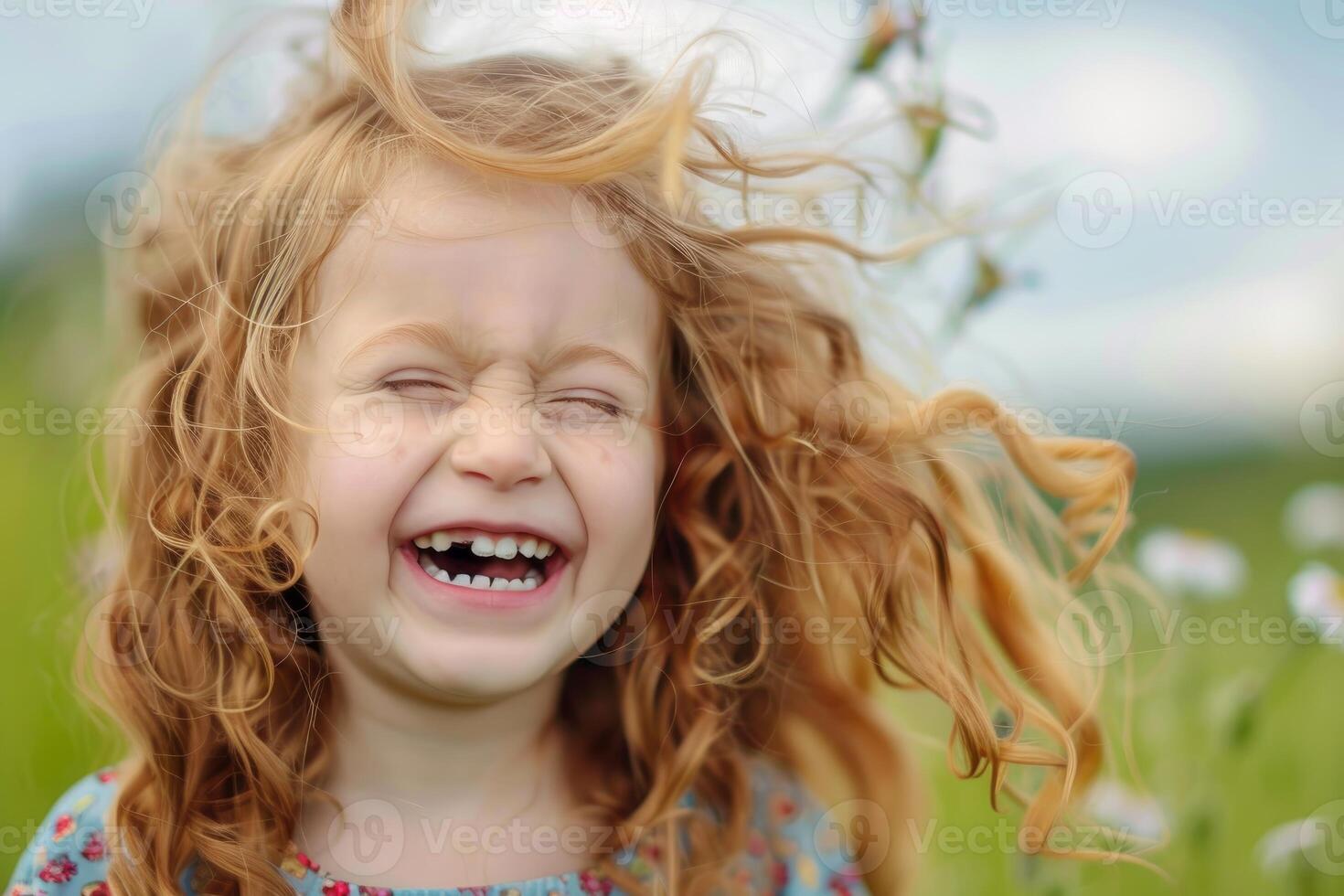 Closeup portrait of a happy young girl laughing with her hair blowing in the wind photo