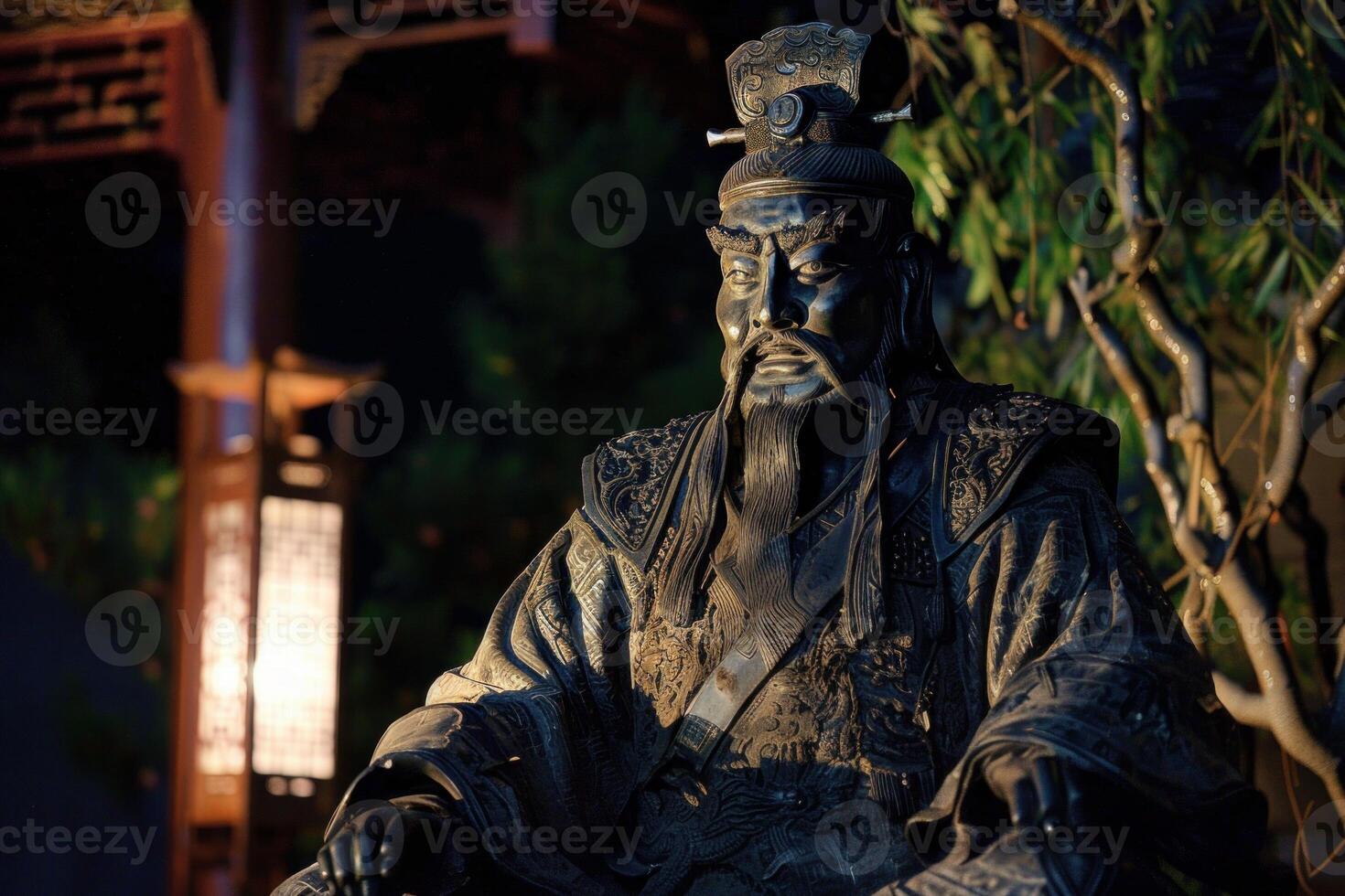 Ancient chinese warrior statue at night photo