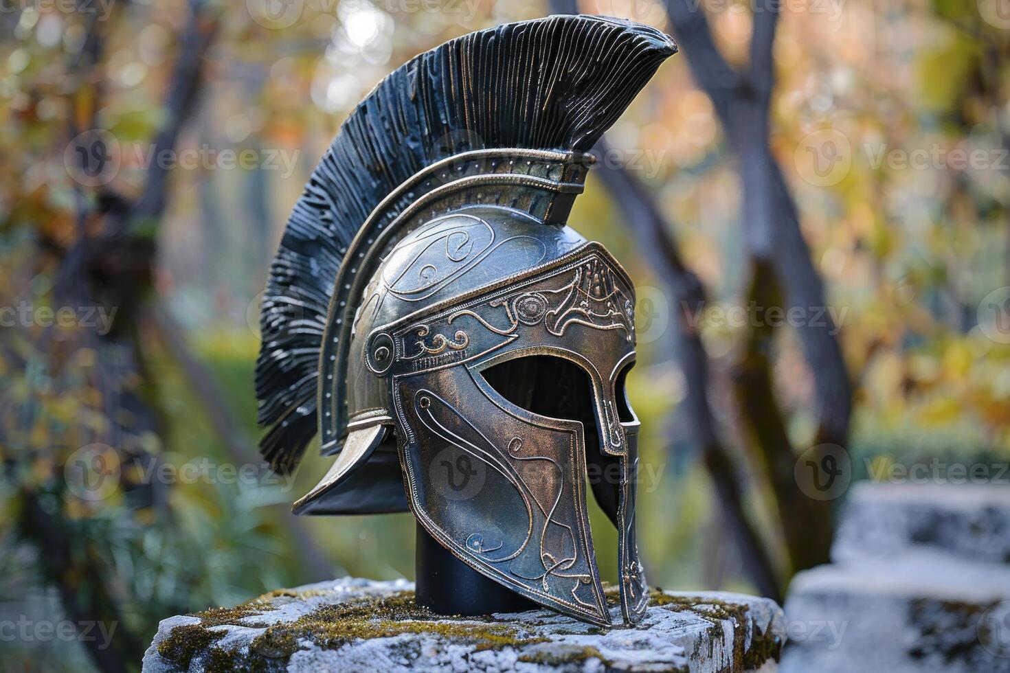 Ancient roman centurion helmet on stone pedestal photo