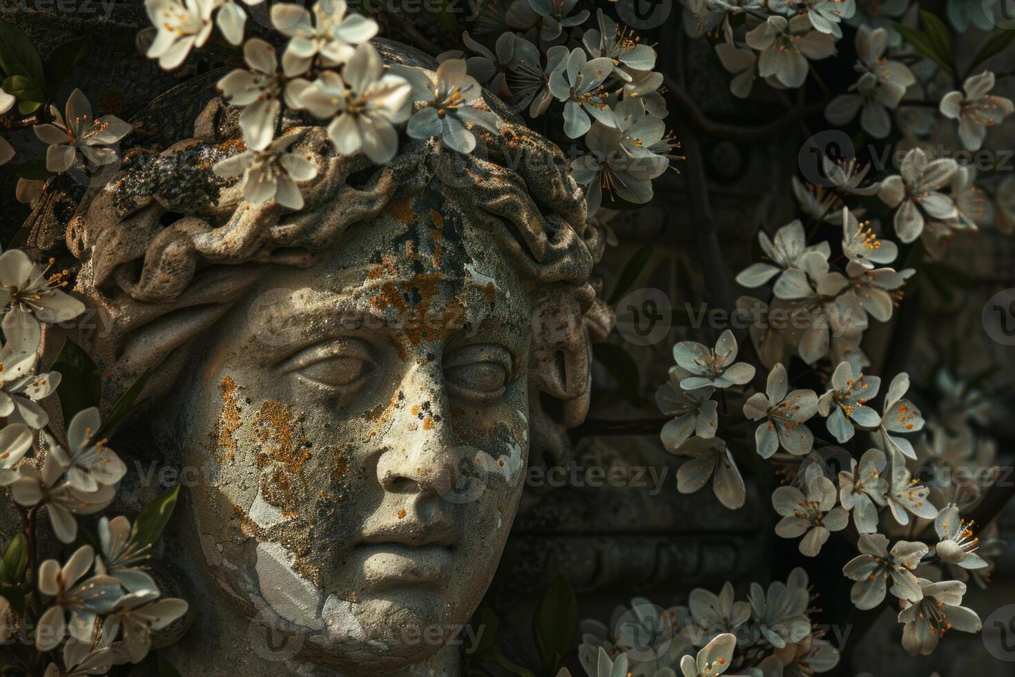 Ancient statue amidst blooming flowers photo
