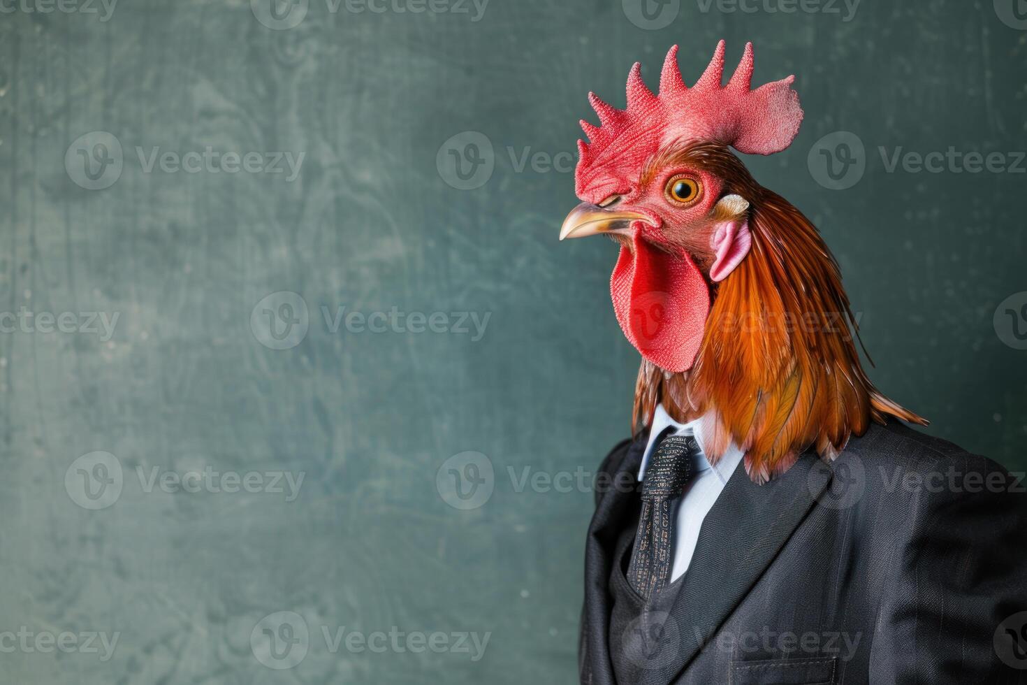 Surreal businessman with rooster head against chalkboard photo