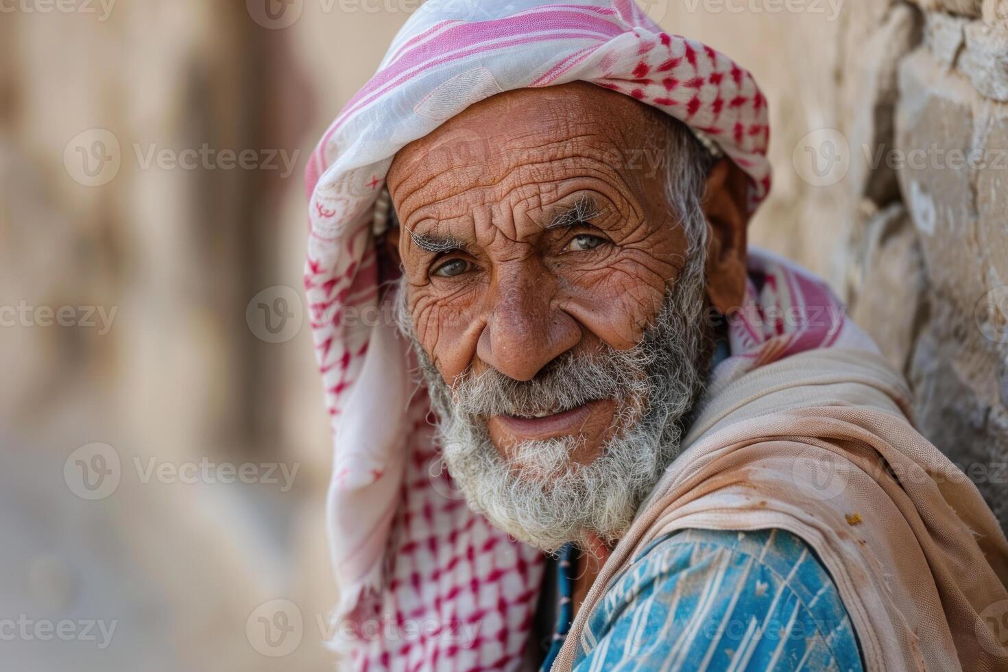 Elderly man in traditional arab attire smiling photo