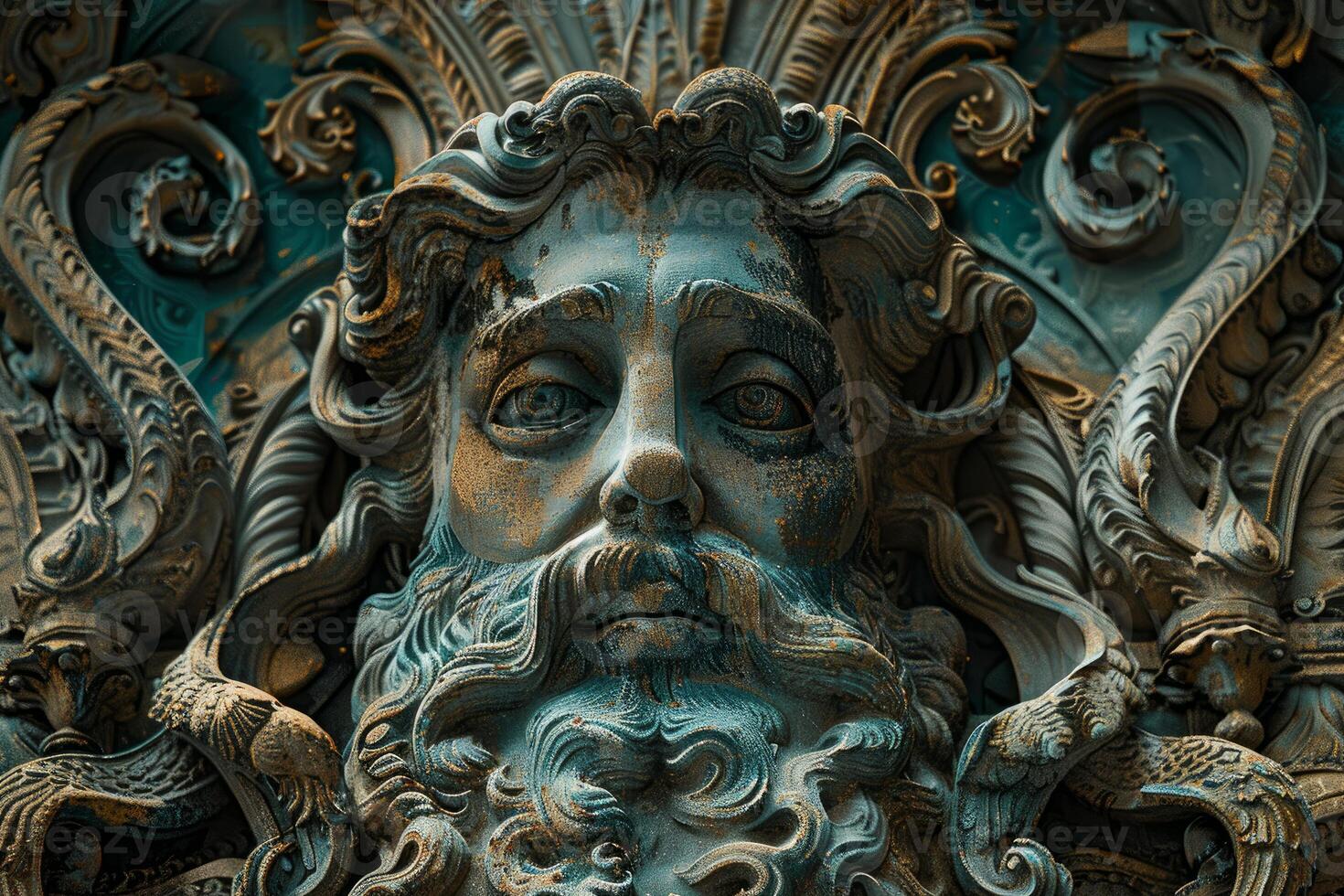 Antique bronze sculpted face with ornate details photo