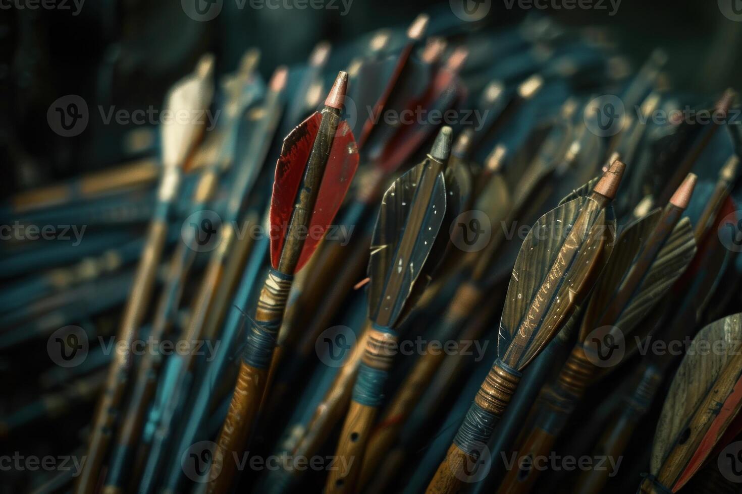 Closeup view of oldfashioned wooden archery arrows with various feather fletchings photo