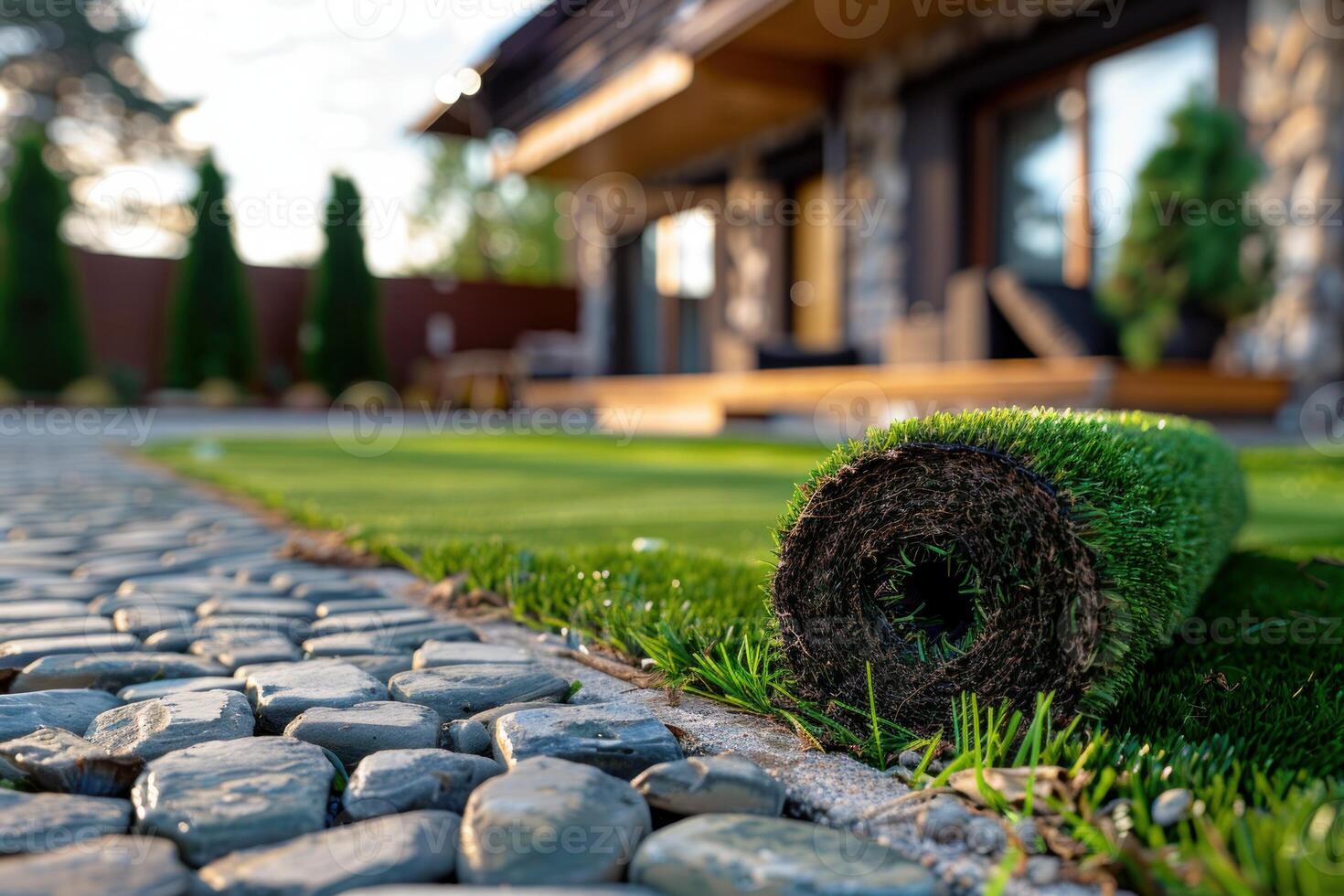 Rolled turf on a cobblestone path by a home photo