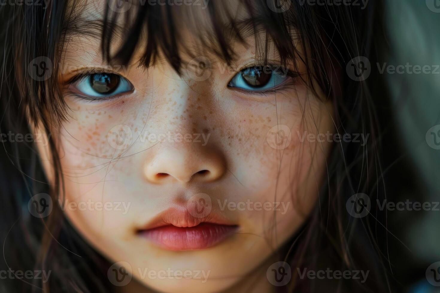 Expressive portrait of a young child with freckles photo
