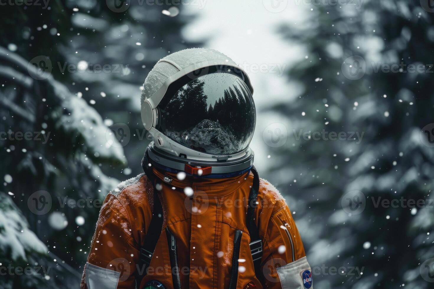 Exploring the winter wonderland, astronaut in a snowy forest wearing space suit photo