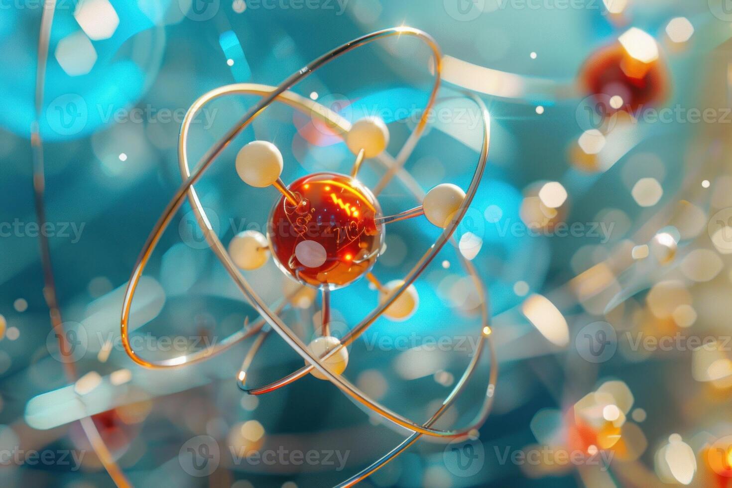 Abstract 3d rendered atom model on blue background photo