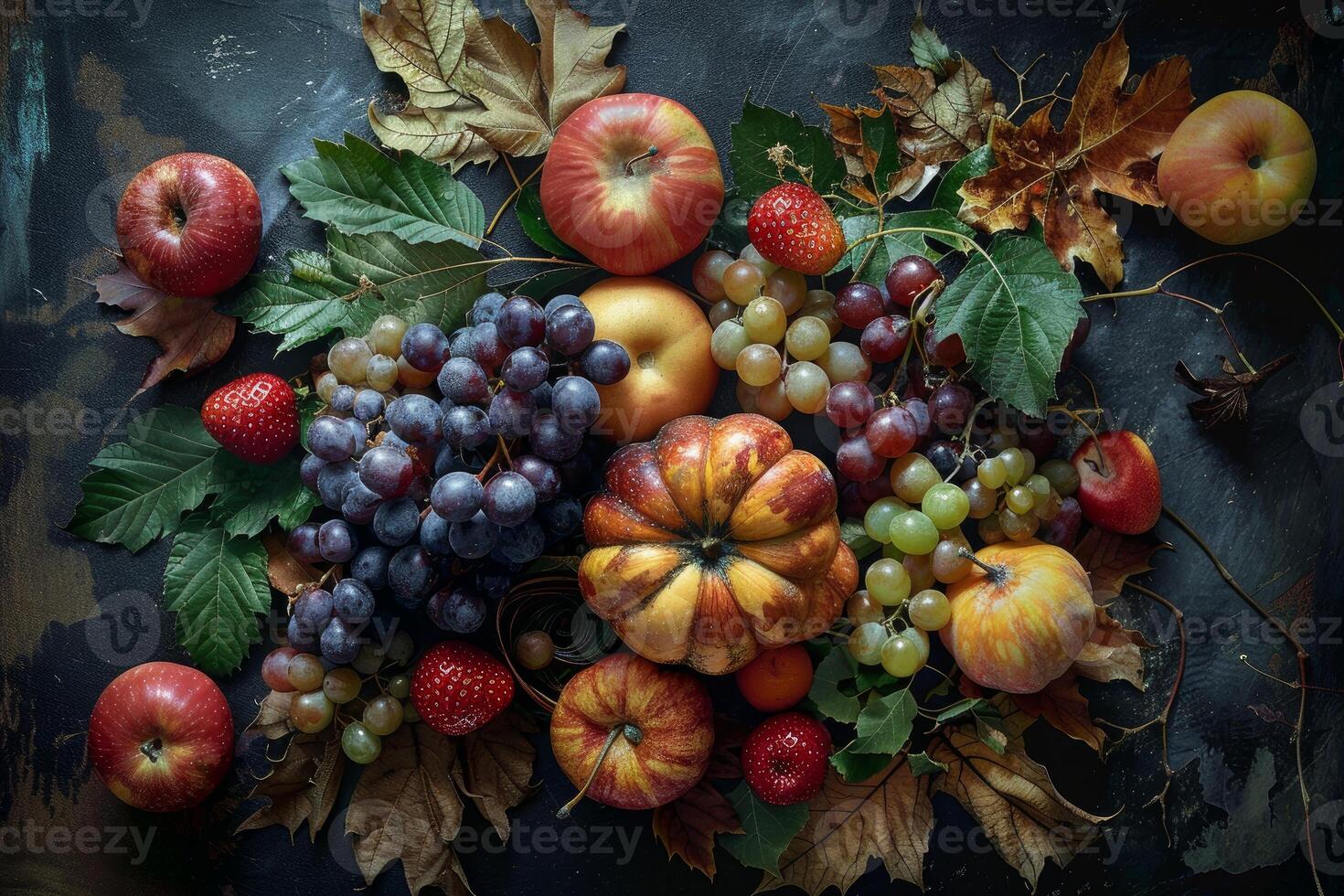 Autumn harvest still life with seasonal fruits and leaves photo