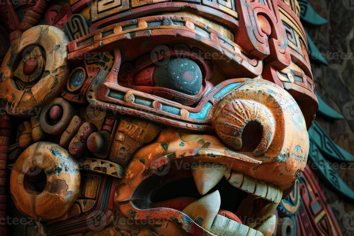 Intricately carved mayan totem detail photo