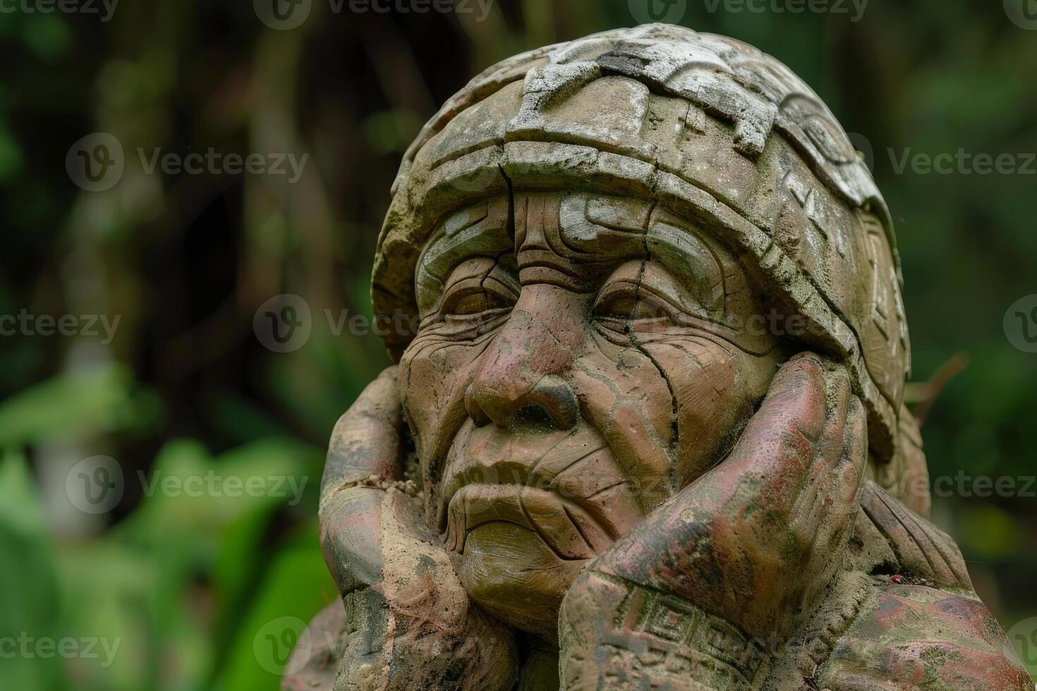 Contemplative stone statue in a garden photo