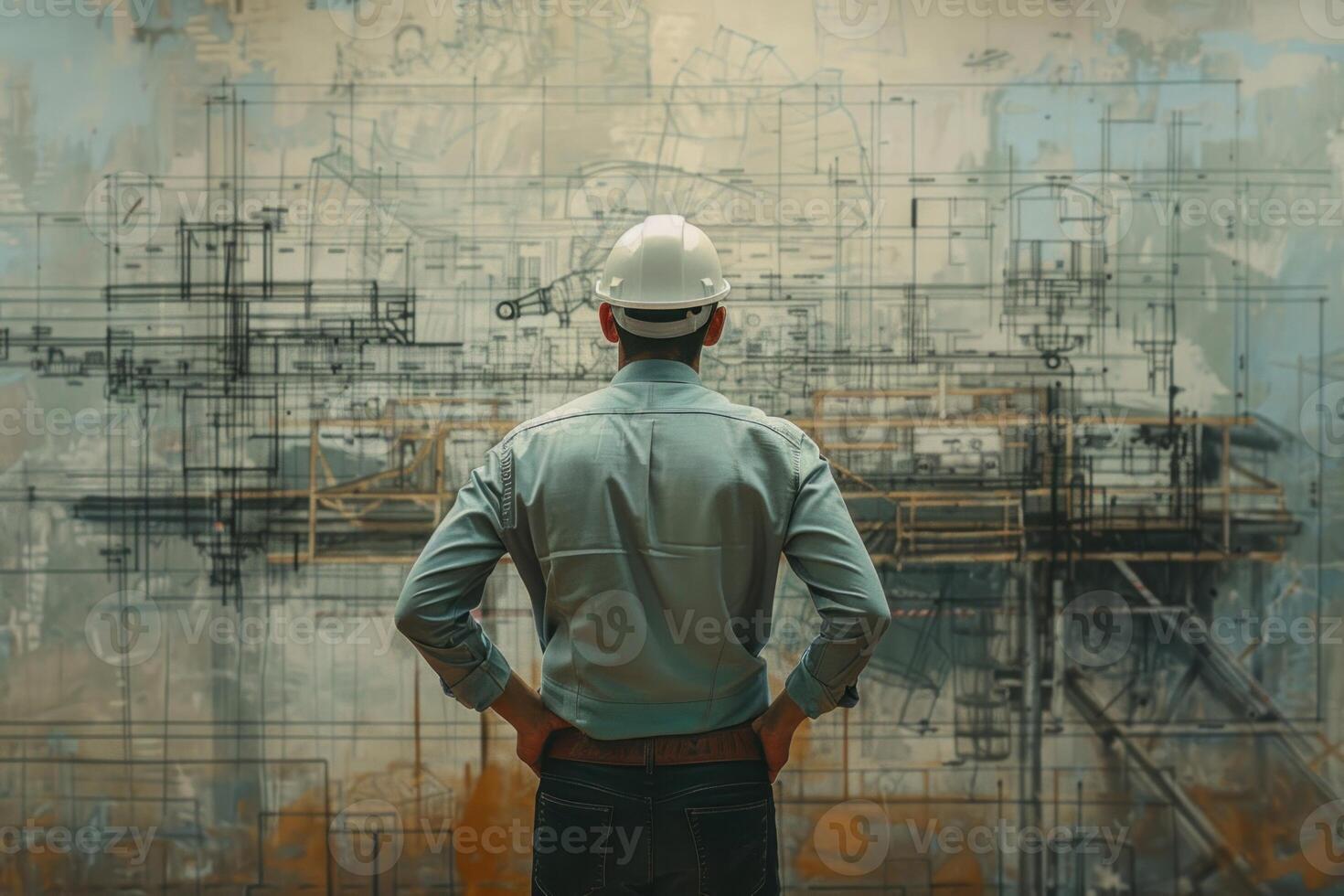 Engineer in hardhat confidently stands with hands on hips before a complex construction blueprint photo