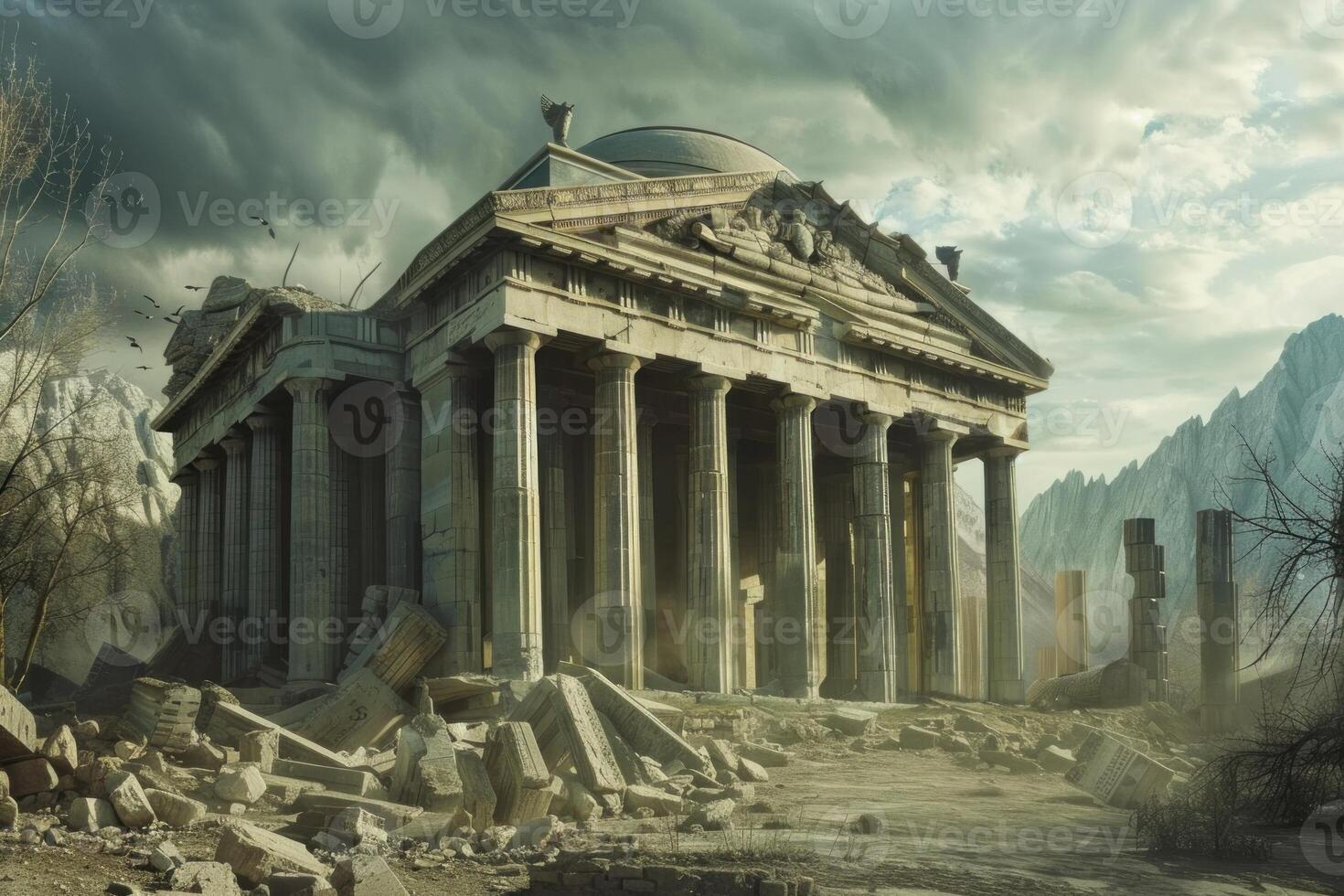 Ruins of ancient civilization under stormy sky photo
