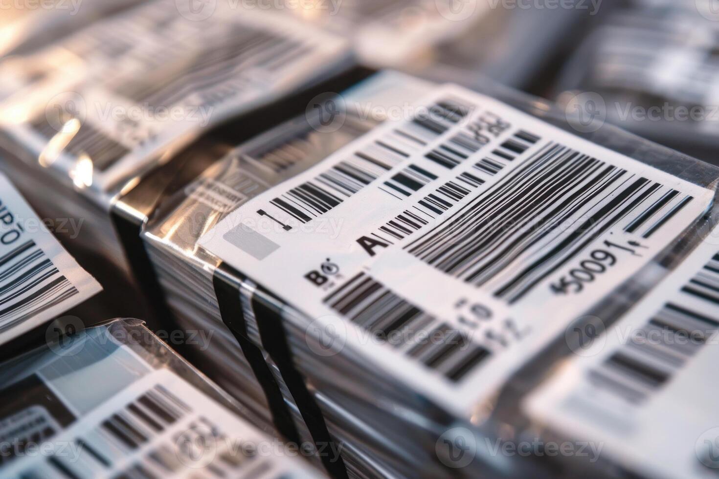 Stacks of packages waiting for delivery using barcodes photo