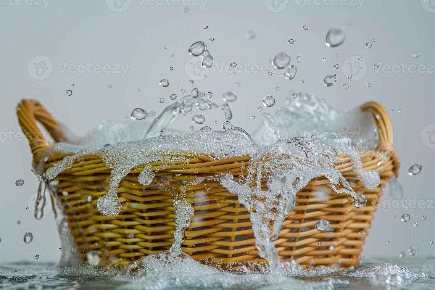 Dynamic laundry basket splash on grey background photo