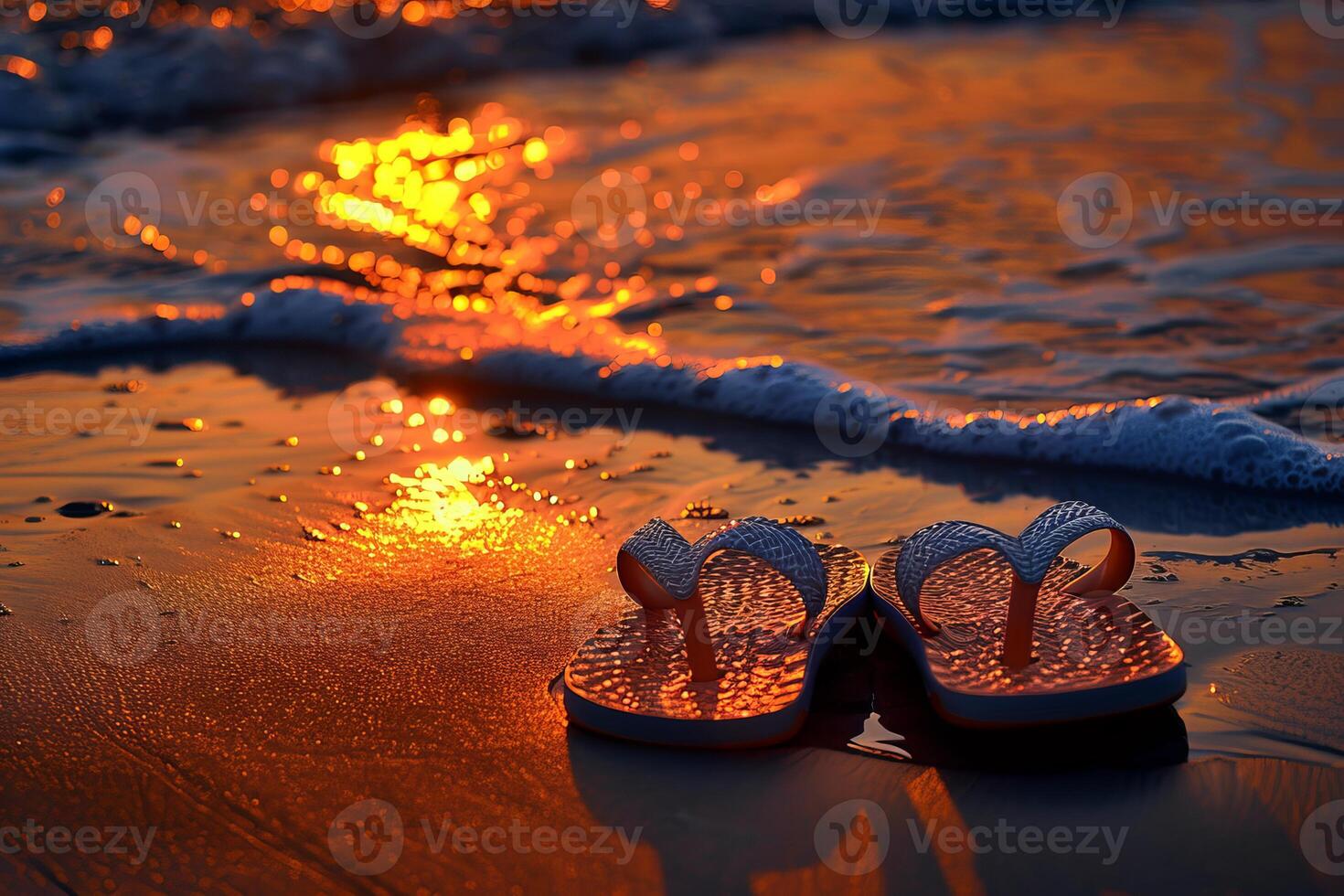Flip flops on sandy beach with waves and sunset reflection photo