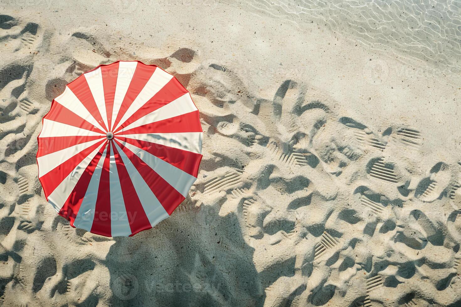 Seaside serenity, aerial view of striped umbrella and footprints photo