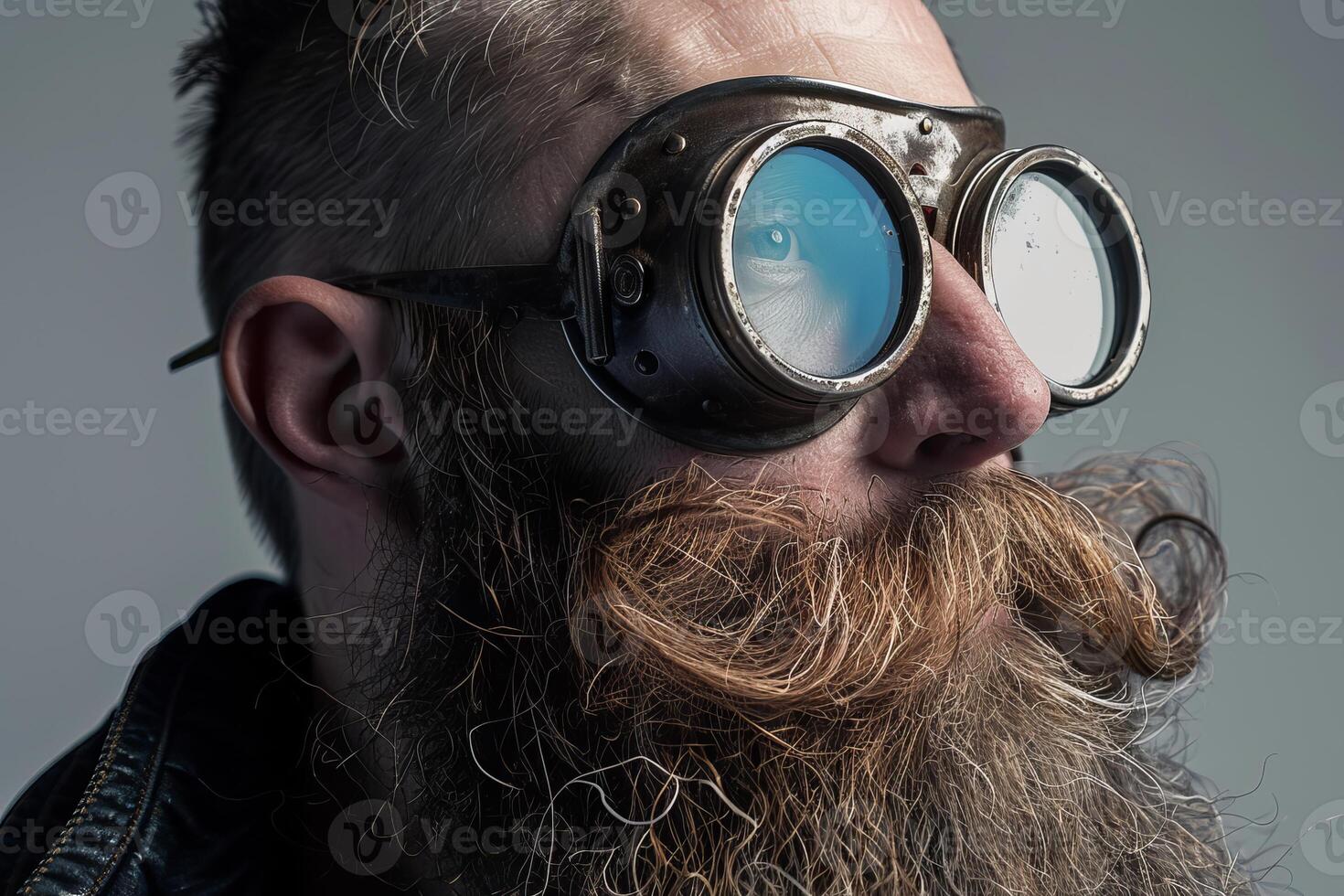 Steampunk biker wearing goggles and sporting a long bushy beard is looking up photo
