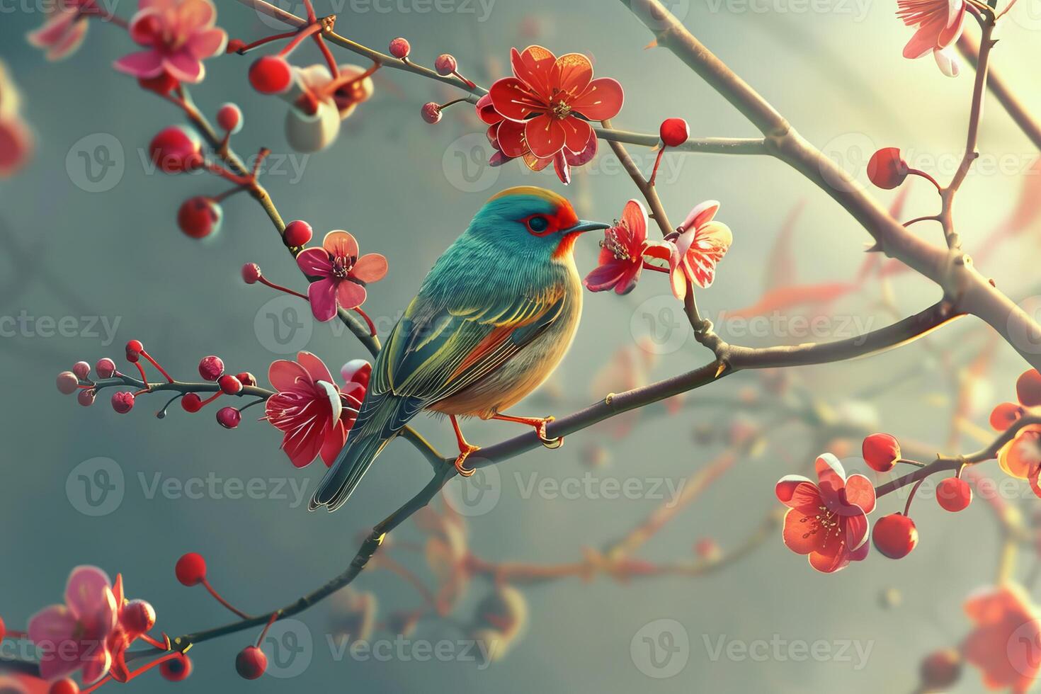 Small colorful bird is sitting on a branch covered in pink flowers photo