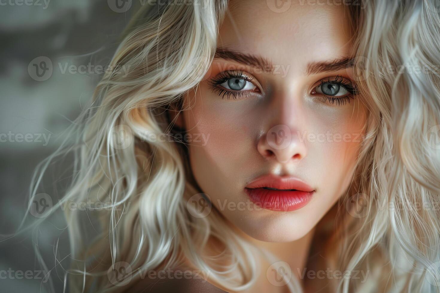 Beautiful young blonde woman with curly hair is posing in the studio photo