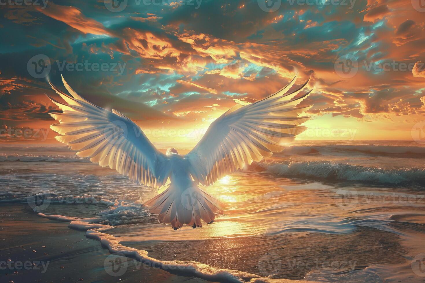 White seagull flying over ocean waves during golden hour sunset photo