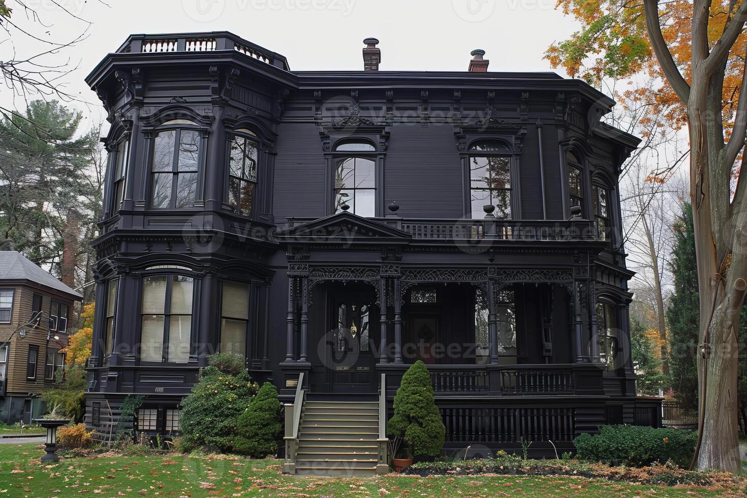 Large victorian era gothic house with black paint and ornate details photo