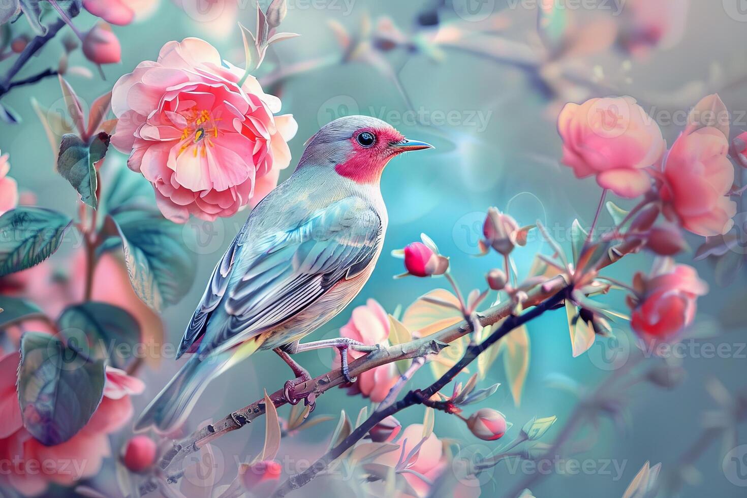 Beautiful colorful bird sitting on a branch covered with pink flowers and green leaves in spring photo