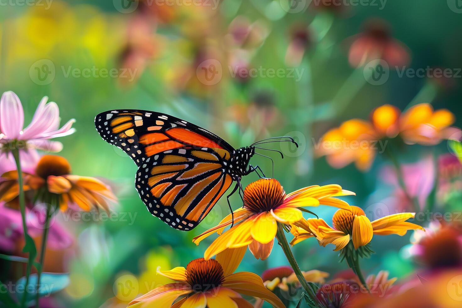 Beautiful monarch butterfly feeding on yellow coneflower in summer garden photo