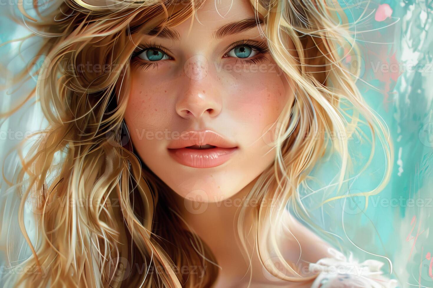 Beautiful blonde woman with blue eyes and long wavy hair posing in front of a blue background photo