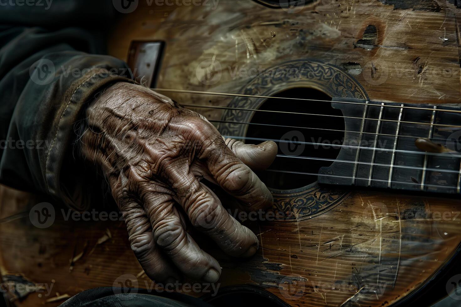 Senior man playing acoustic guitar with passion and experience photo