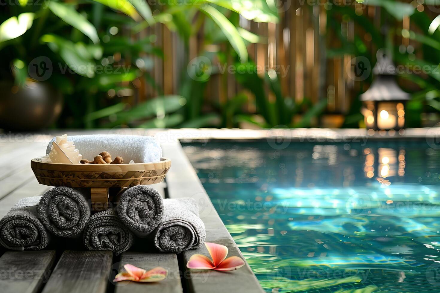 Relaxing atmosphere at the spa with rolled up towels near a swimming pool photo