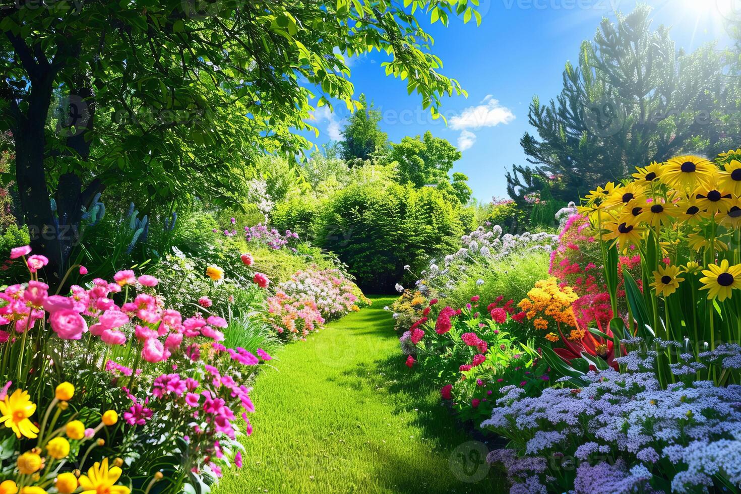 Beautiful garden path surrounded by colorful flowers blooming in summer photo