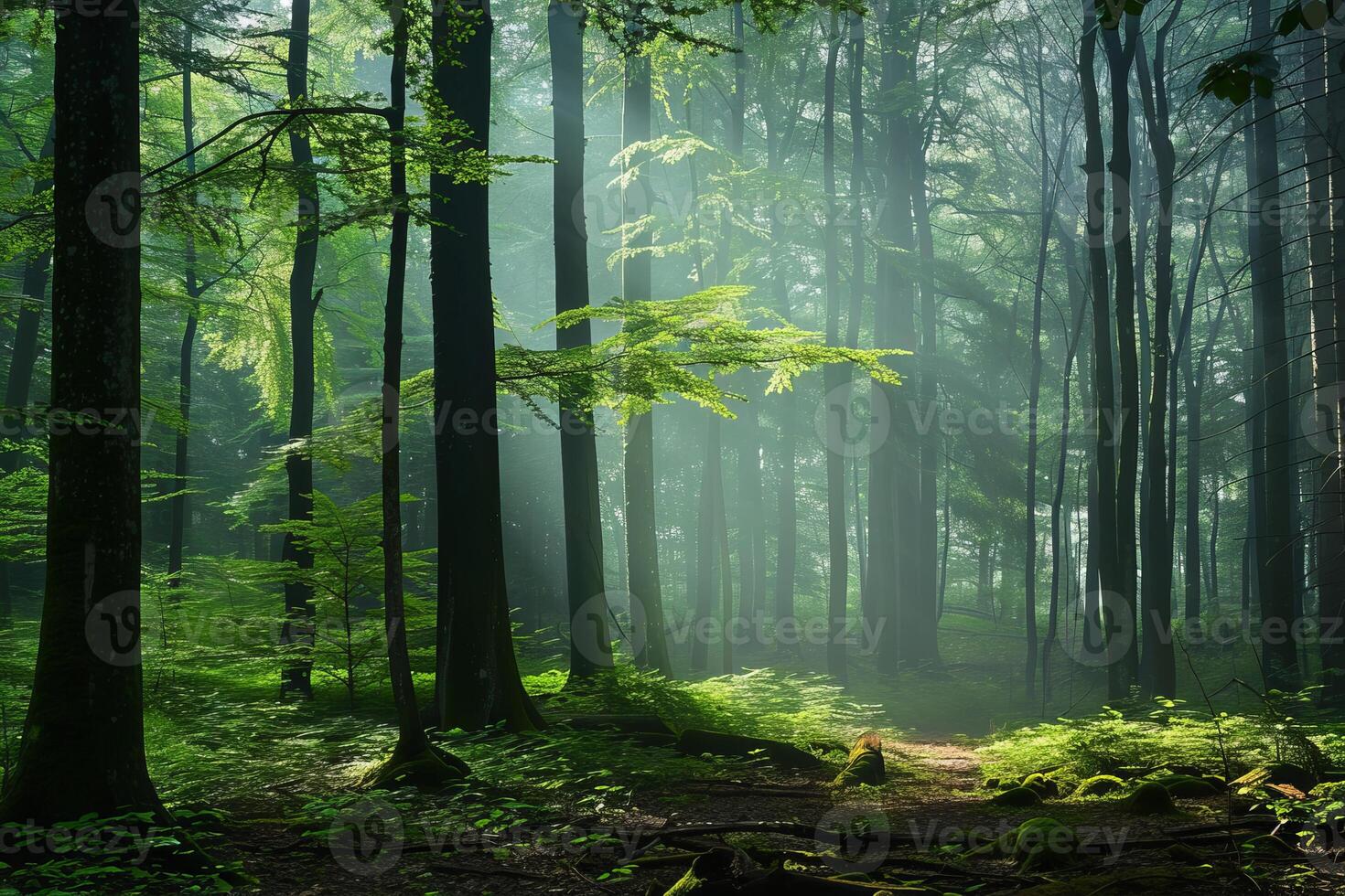 Sunbeams are illuminating foggy green forest with tall trees and lush vegetation photo