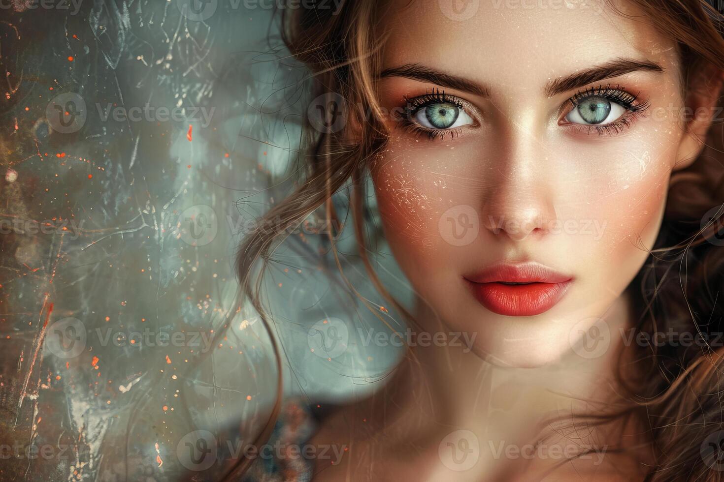 Portrait of a beautiful young woman with red lips and long wavy hair photo