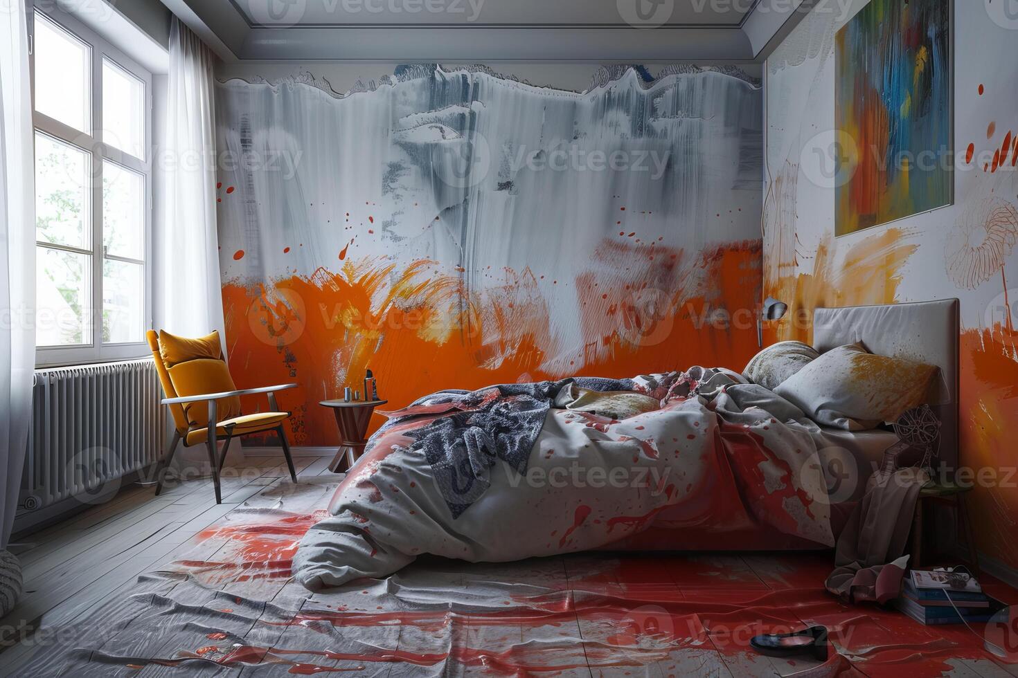 Bedroom covered in paint splatters after an artist creating abstract artwork photo