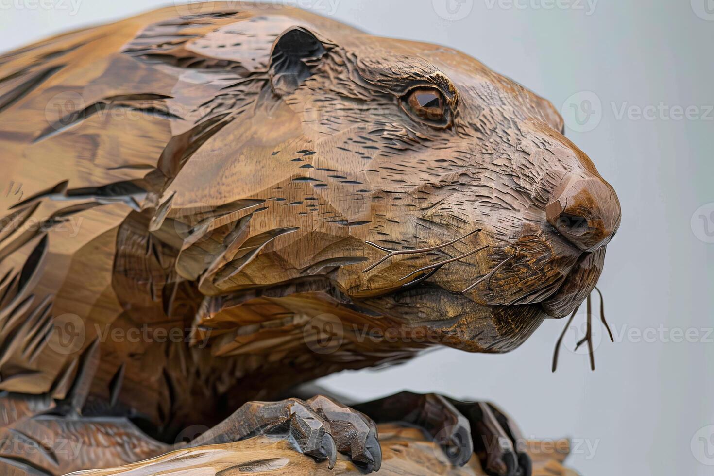Close up of a wooden beaver sculpture resting on a log photo