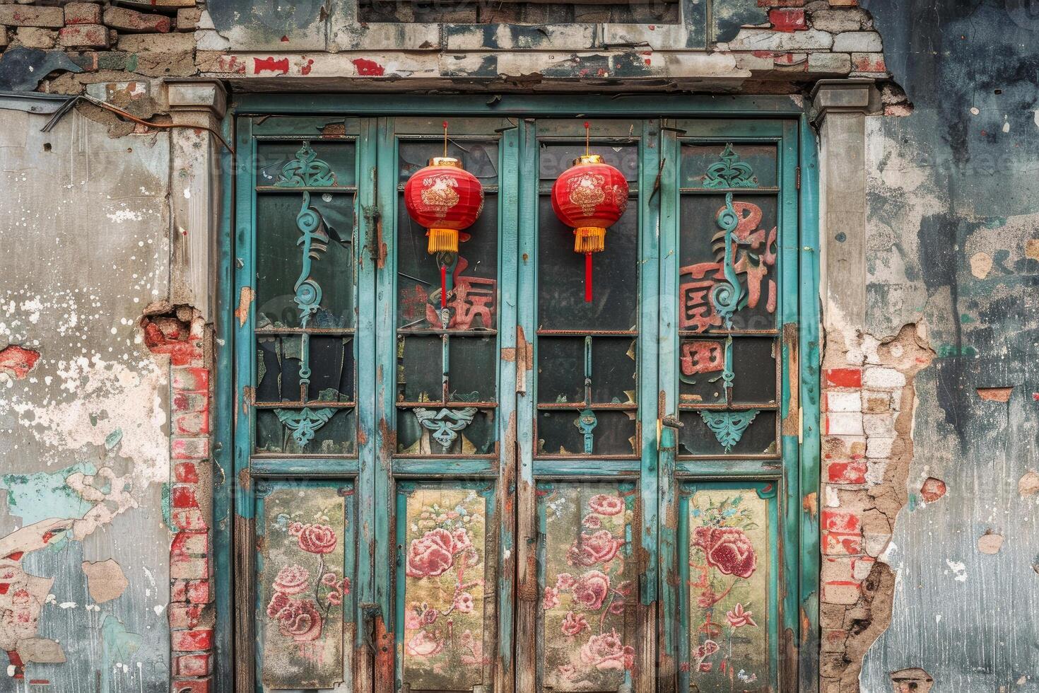 Old turquoise door with red lanterns is showing decades of age and weathering photo