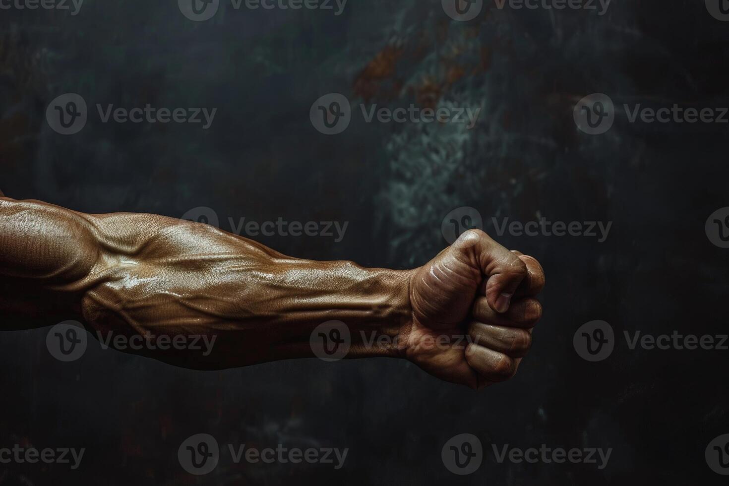 Bodybuilder showing powerful biceps and tight fist on dark background photo