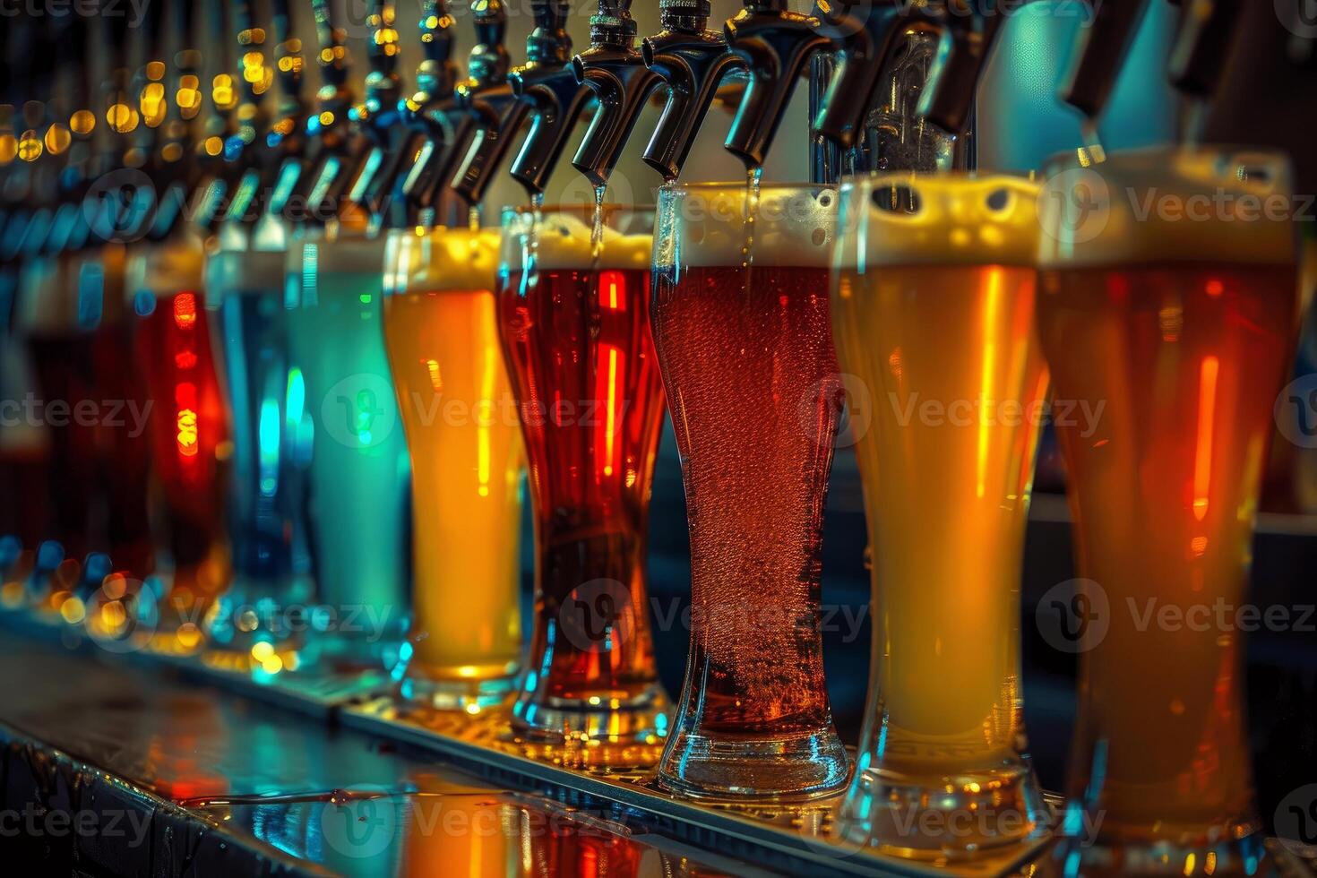 Bartender pouring fresh craft beer from taps in a row at pub photo