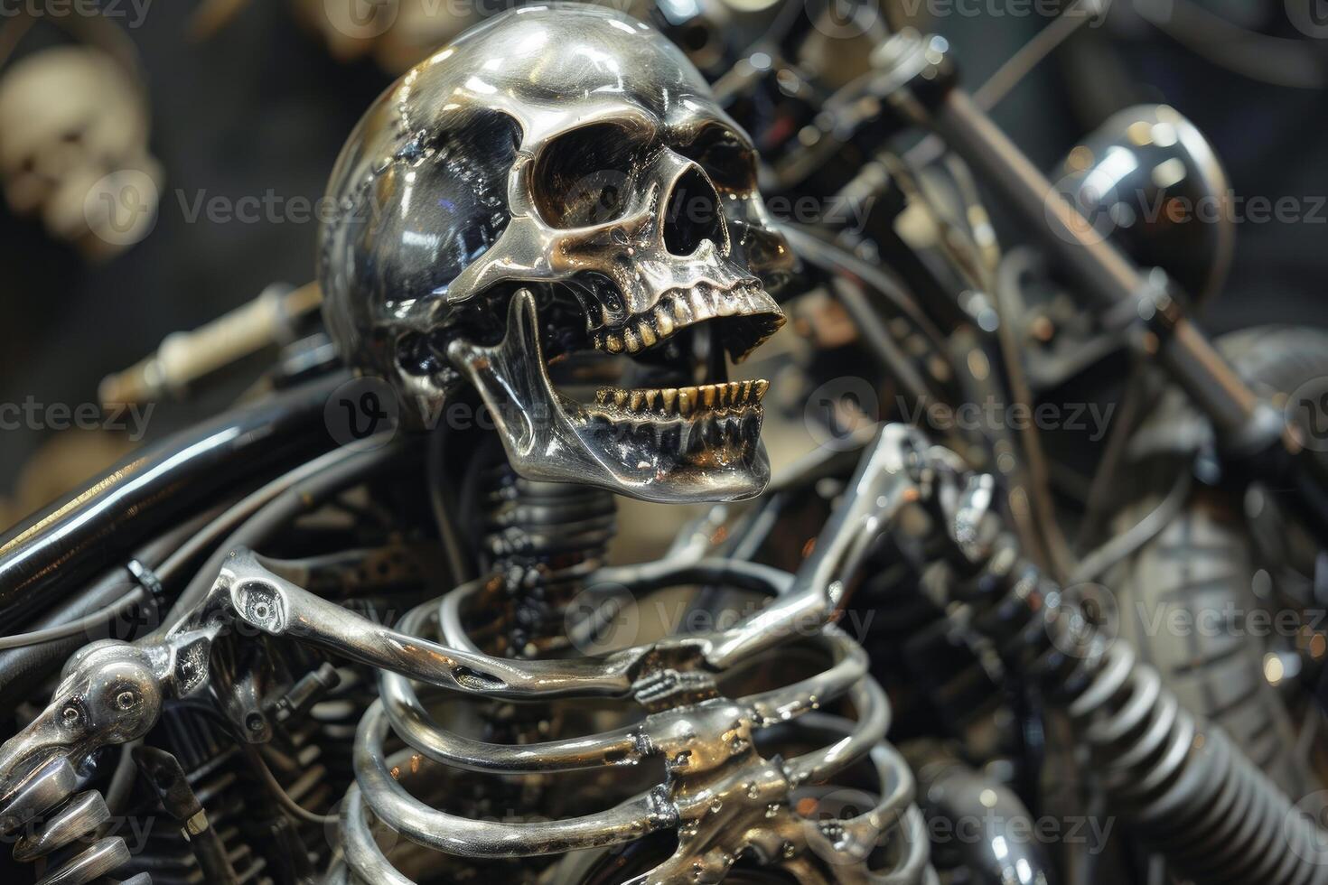 Chrome skeleton with grinning skull mounted on custom motorcycle photo