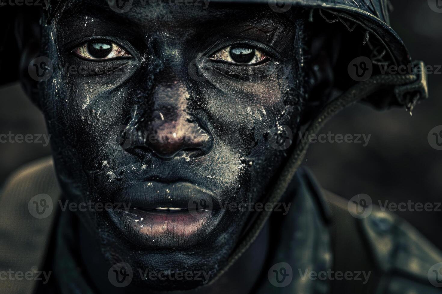 Soldier wearing camouflage face paint taking a break during operation photo