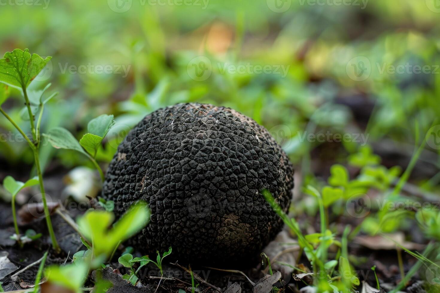 Black truffle growing wild in the forest floor surrounded by green plants photo