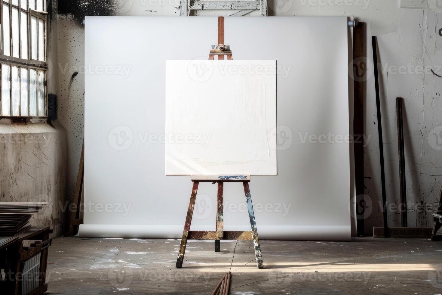 White canvas standing on easel in an empty art studio with sunlight shining through the window photo