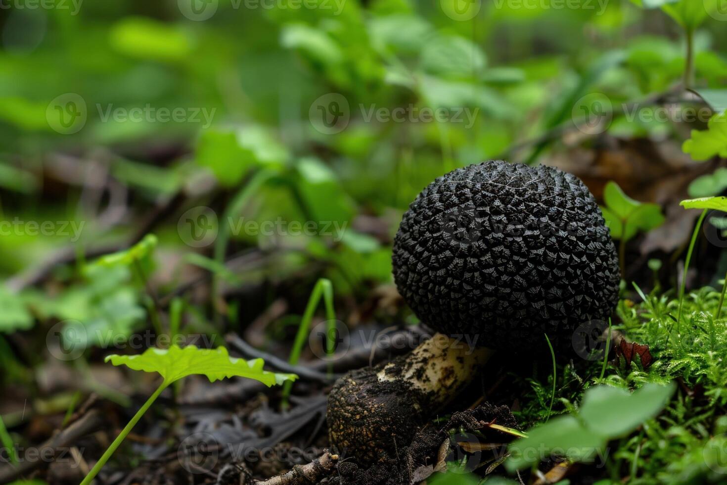 Black brain mushroom growing on a forest floor surrounded by green plants photo
