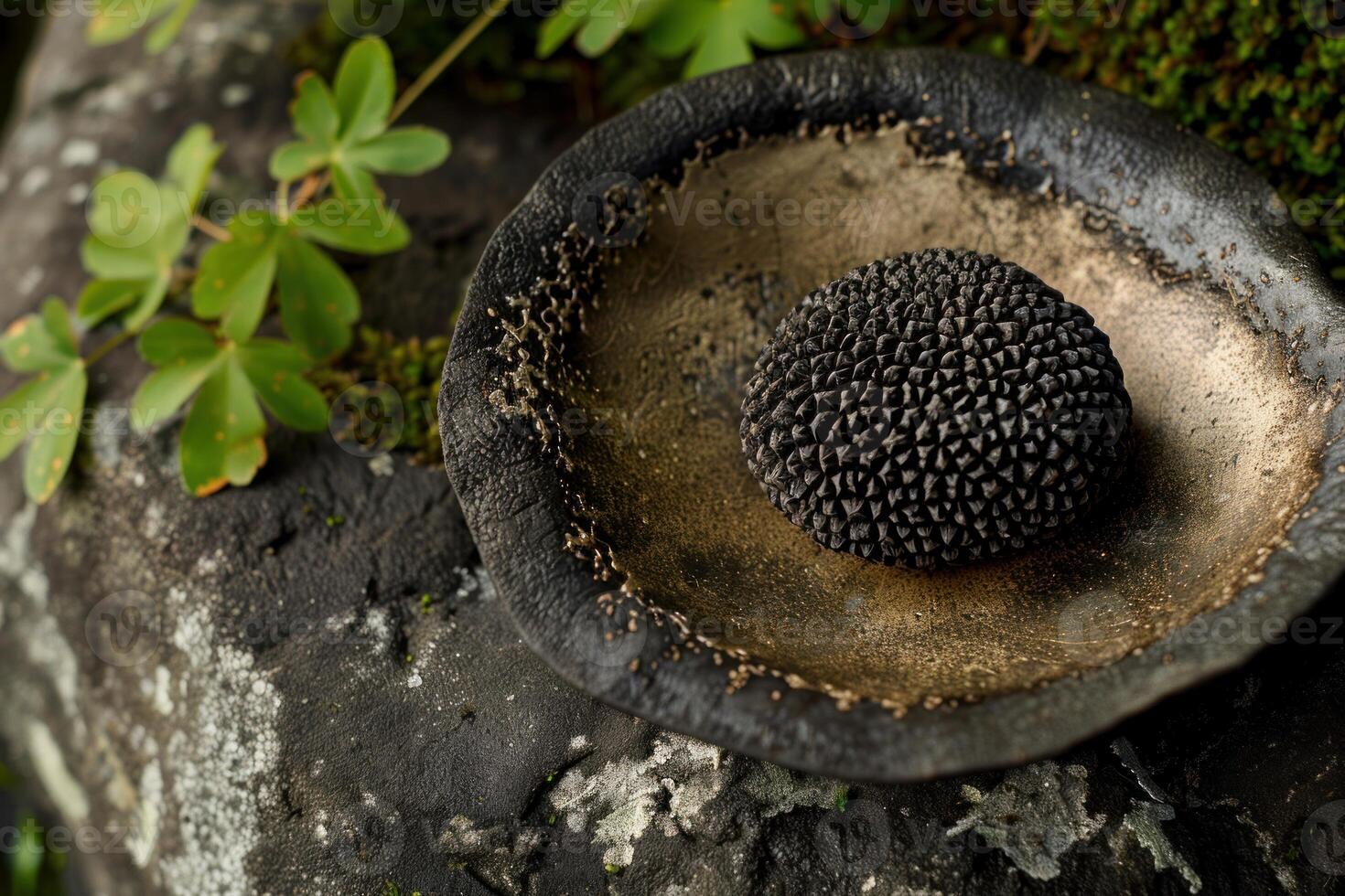 Black ceramic object standing in a black and gold ceramic plate, placed on a rock with green plants in the background photo