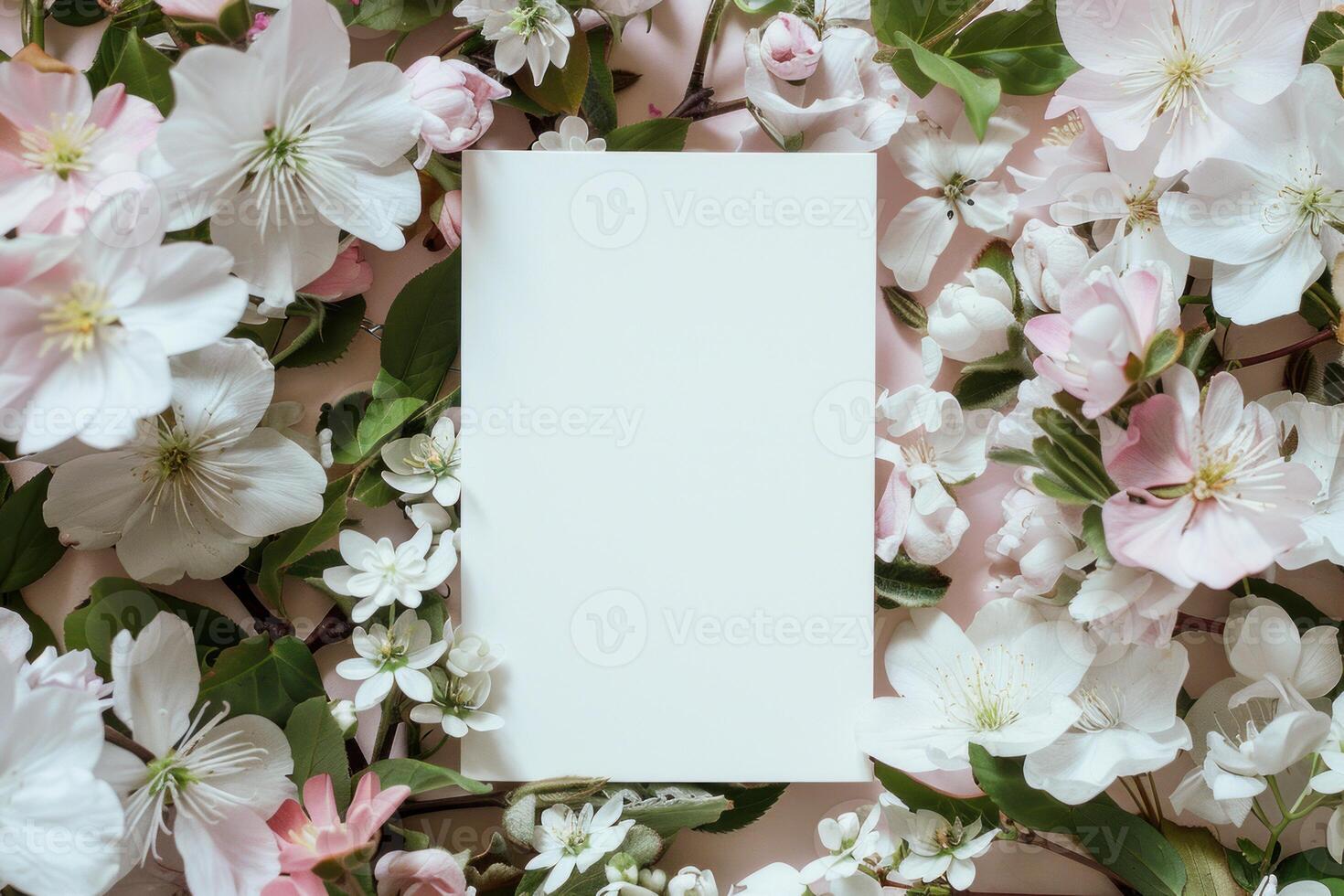White blank card surrounded by apple tree flowers on pink background photo